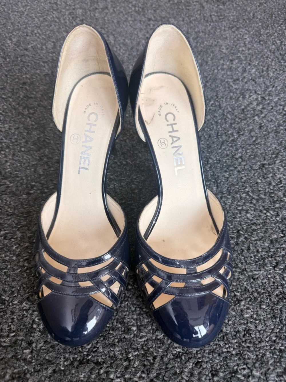 CHANEL Navy Patent Leather Strappy D'Orsay Heels